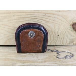 Vintage Brighton Crossbody Black Brown Leather Croc Embossed Heart Chain Bag